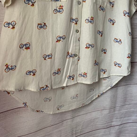 Rae Dunn Women's Linen Bicycle Pattern Button Up Shirt Short Sleeve Collar Large - Picture 3 of 16